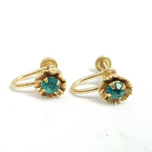 Vintage Gold Filled Blue Green Rhinestone B+N Signed Clip On Screw Back Earrings - Picture 2 of 7